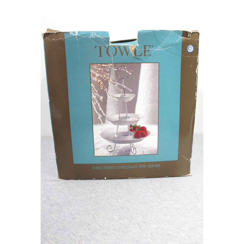 Towle Server White Christmas Tree Three Tiered Ceramic Silver Trim Star Vintage